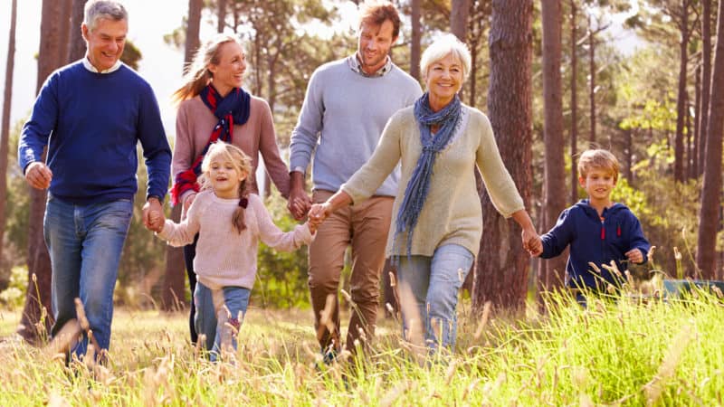 family walking outdoors Multigenerational family enjoying a walk outdoors on a Sabbath afternoon