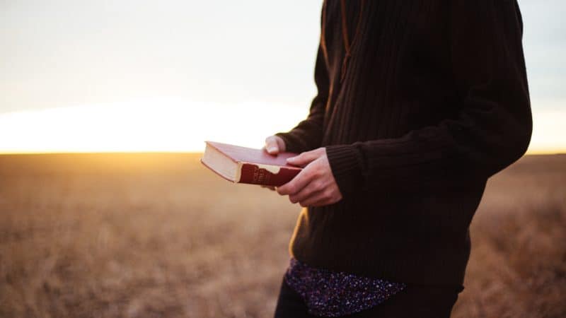 Man holding a Bible as he walks through a field at sunset alone, communing with God.