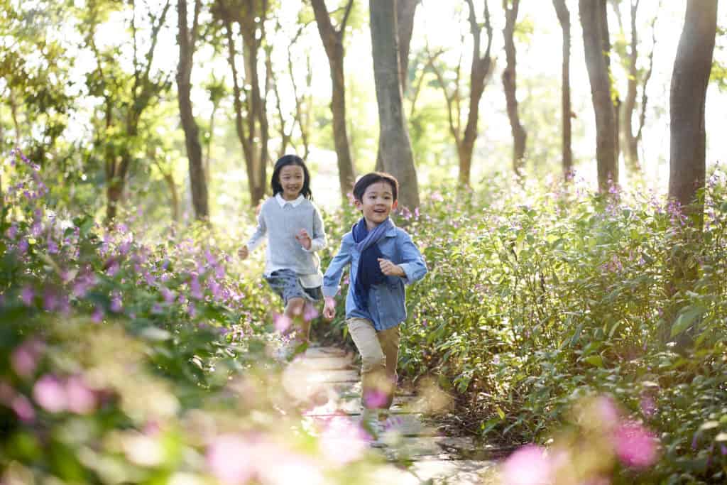 A young little brother and sister run through a field of flowers doing Sabbath activities outdoors together.