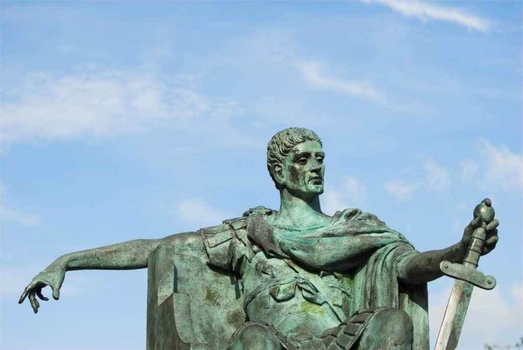 Bronze statue of Roman emperor, Constantine, who made a decree for Sunday rest.