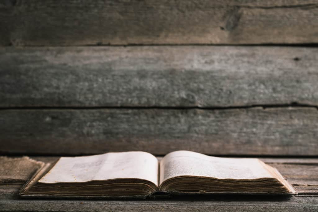 An early 1840s old Protestant Bible, open on a wood background.