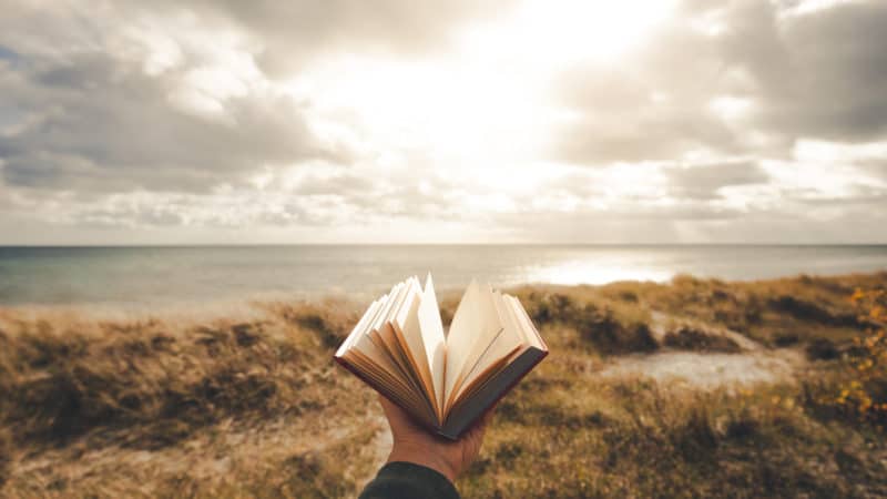 Outstretched hand holding a book towards the ocean.