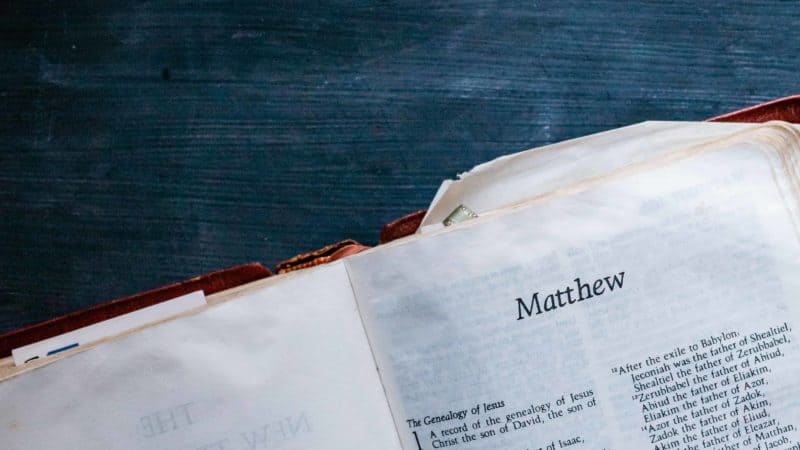 The Bible open to the book of Matthew as we study the life, death and resurrection of Jesus Christ