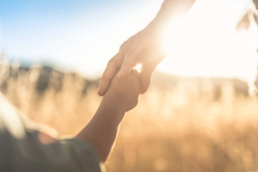 Mother and her son holding hands while walking in the nature at sunset.