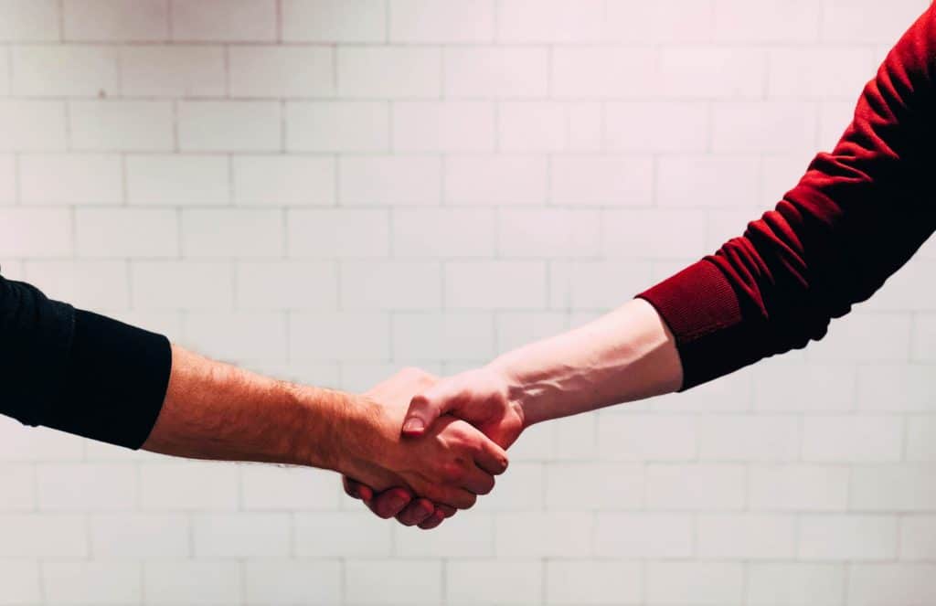 Close-up of two people shaking hands.