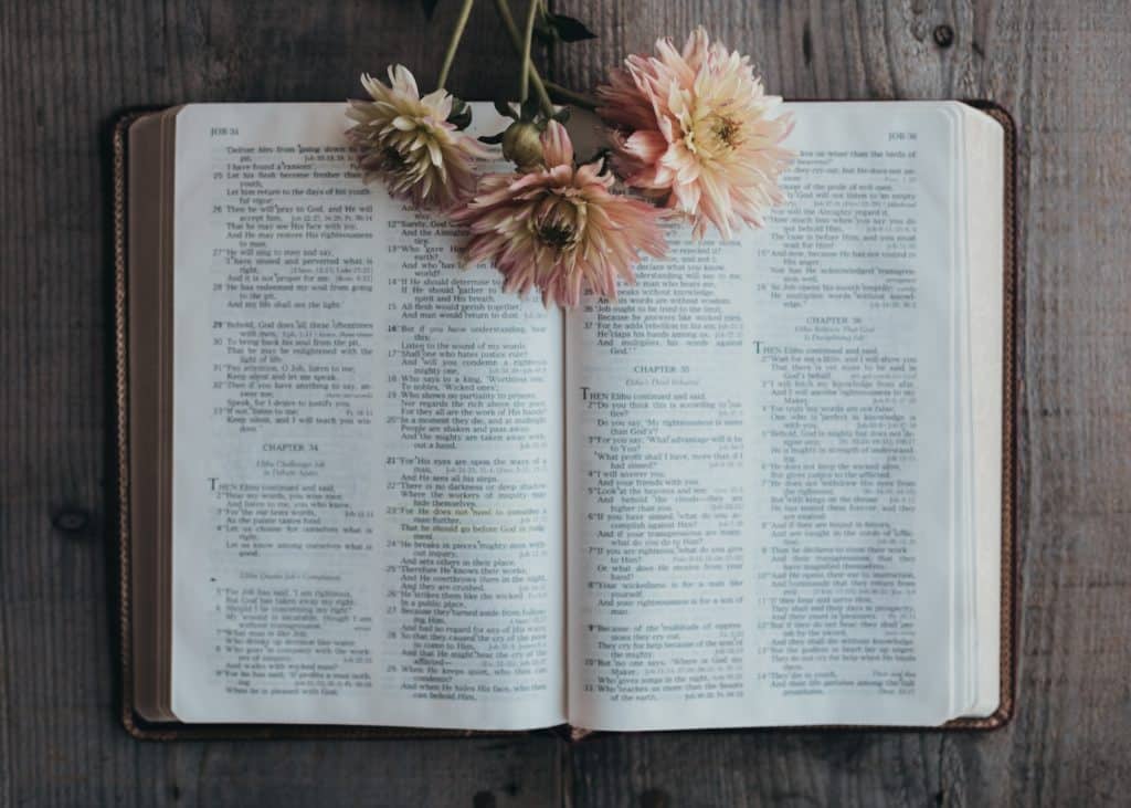 The Bible open to the book of Job with flowers on it. 