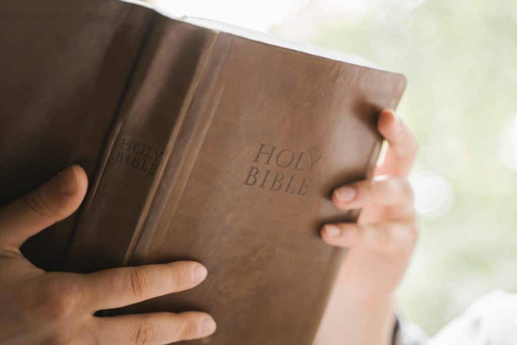 A close up of hands holding a Bible.