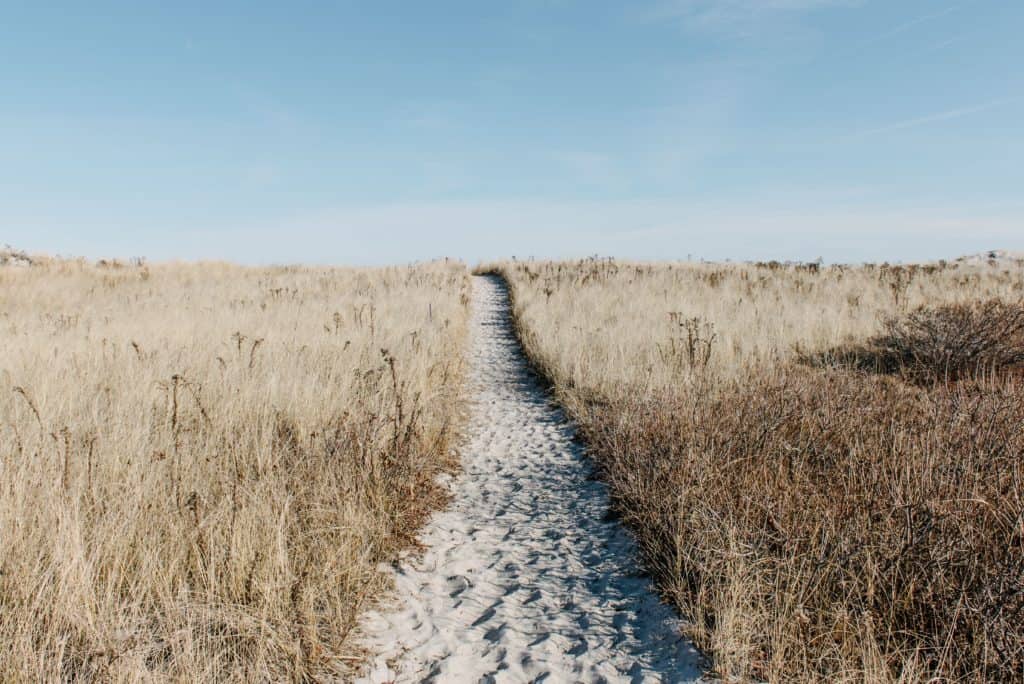 A sandy path going up a hill.
