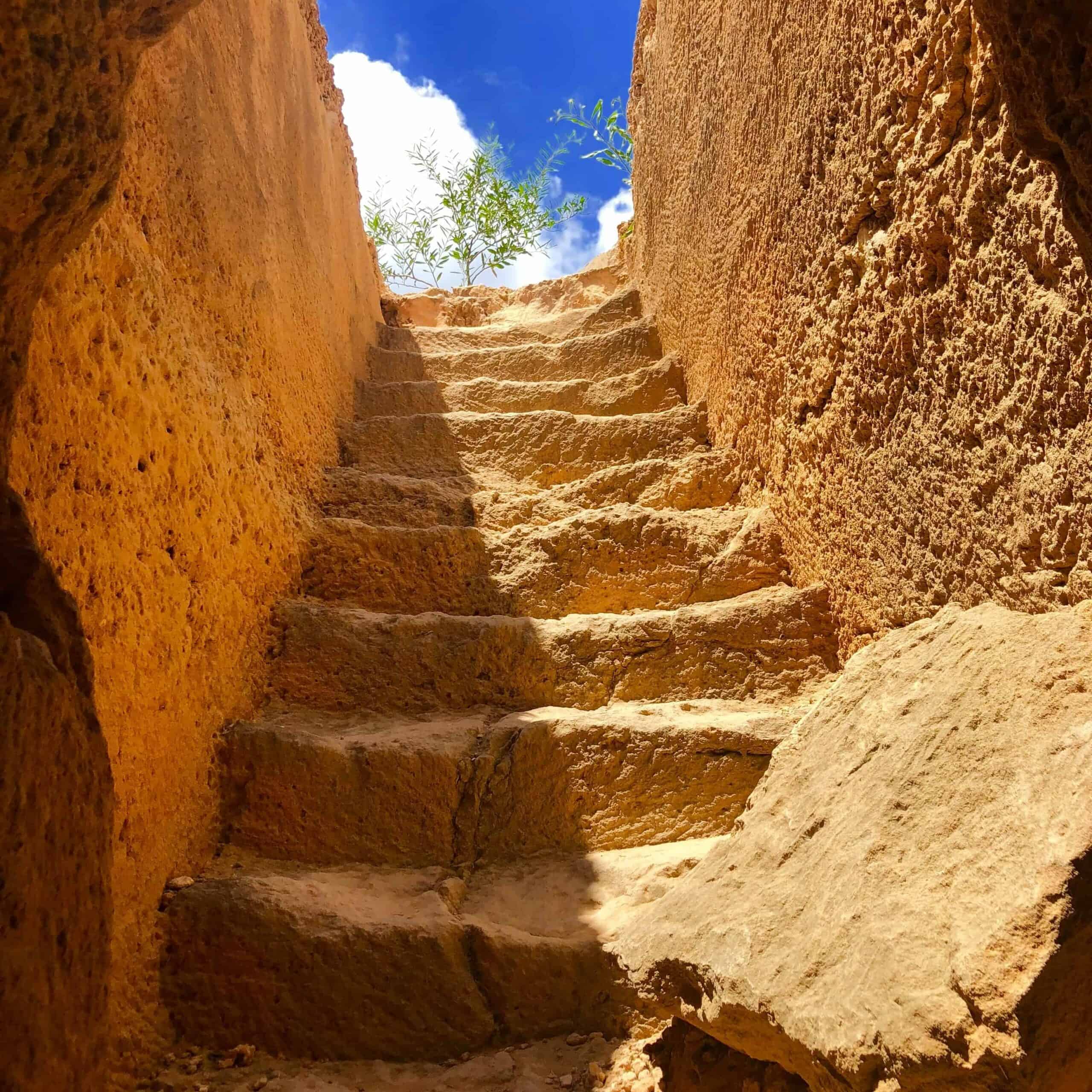 Looking up the stairs of a tomb.