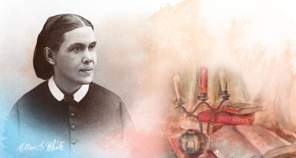 A picture of Ellen White, with candles and books. 