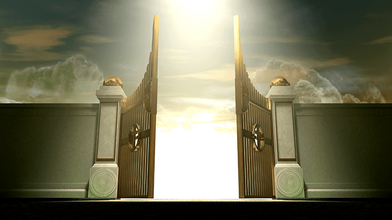Heavenly gates opening with a bright light shining behind.