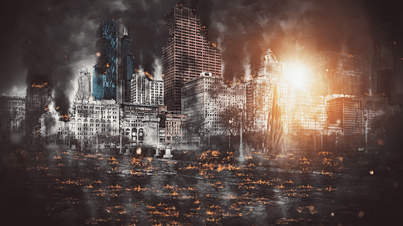 City in rubble and fire everywhere, a bright light is breaking through the thick smoke.