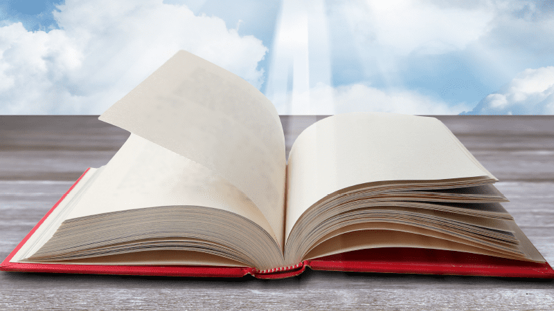 Book with red cover open with blank pages on a table outside with light shining down on it. 