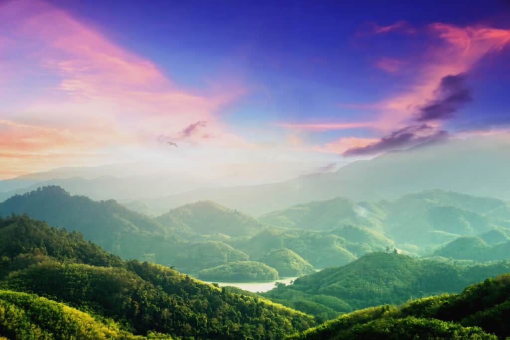 Bright green treed hills with a river flowing through the hills. A bright sky with pink clouds is above. 