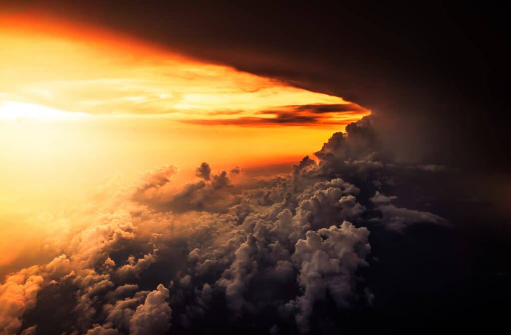 A dark stormy sky viewed from cloud level. 