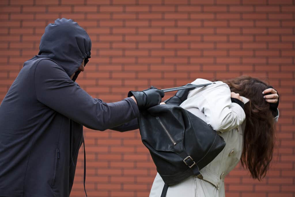 Man wearing a dark hoodie trying to grab a woman's purse. 