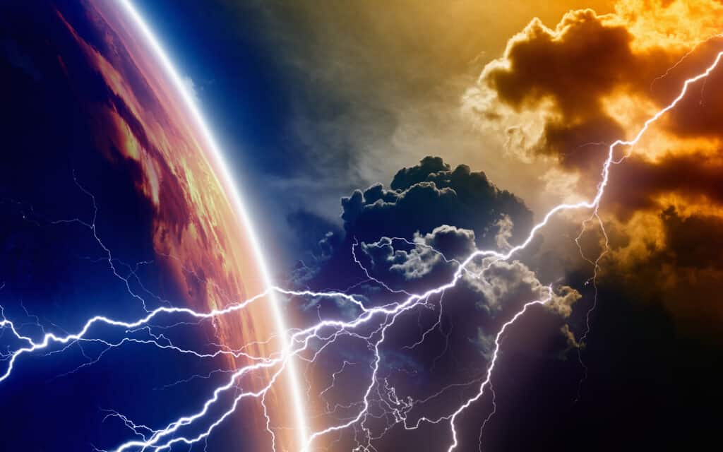 Lighting strike view from clouds high above the earth.