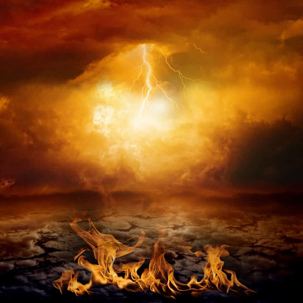 Fire and lighting on a dry land.
