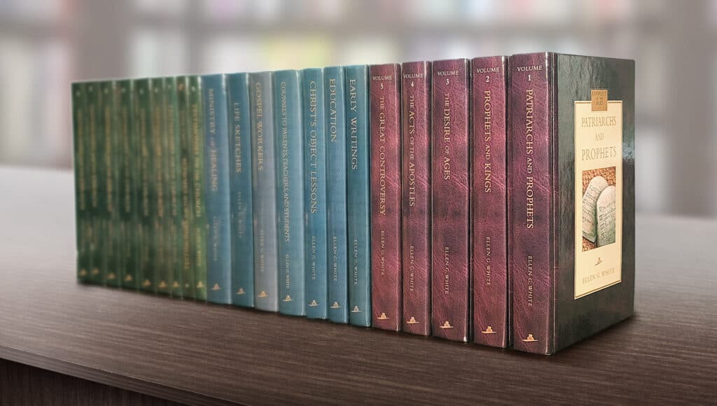 Some of Ellen Whites books lined up with modern covers.