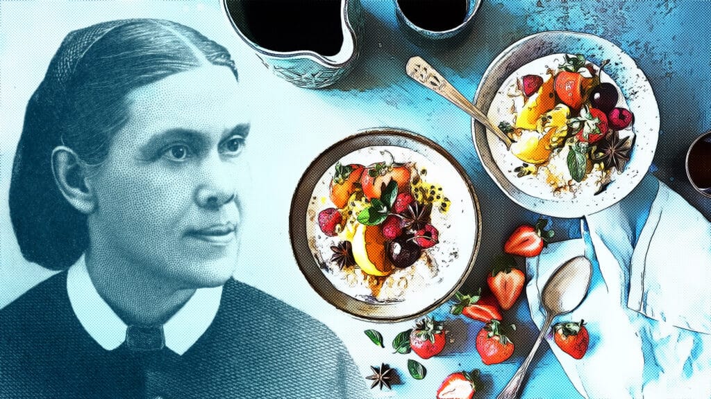 Ellen White with two bowls of healthy fresh fruit on top of natural chai custard.