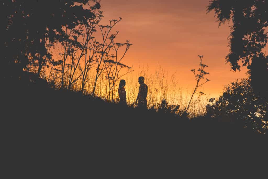 Silhouette of Adam and Eve walking out of the garden after God promised His plan of salvation.