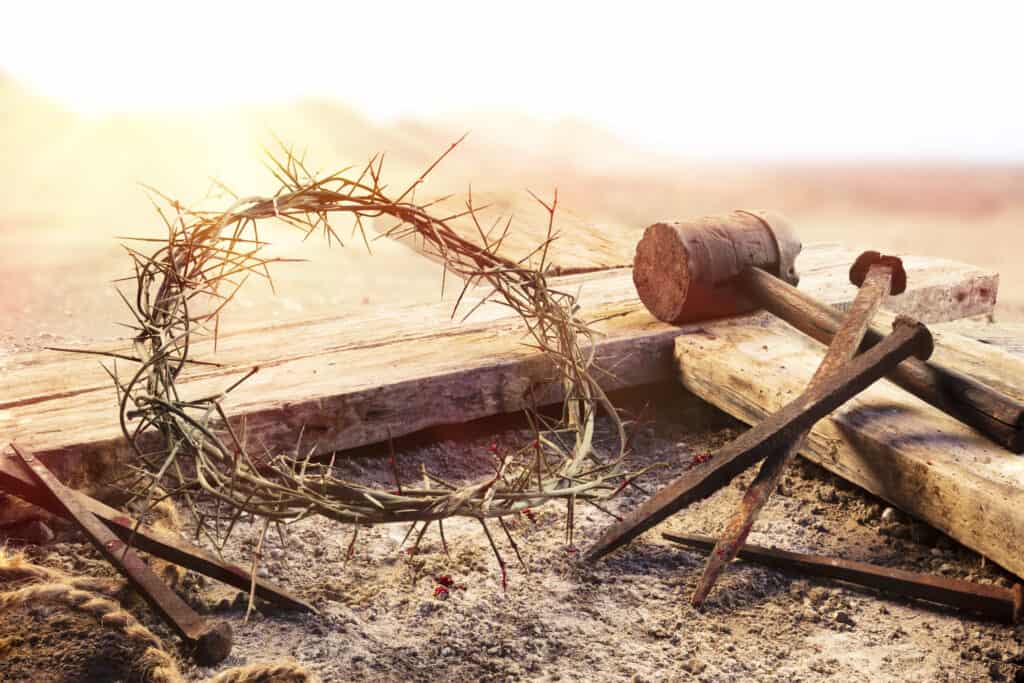 A crown of thorns and iron nails on a cross, used to kill Jesus.