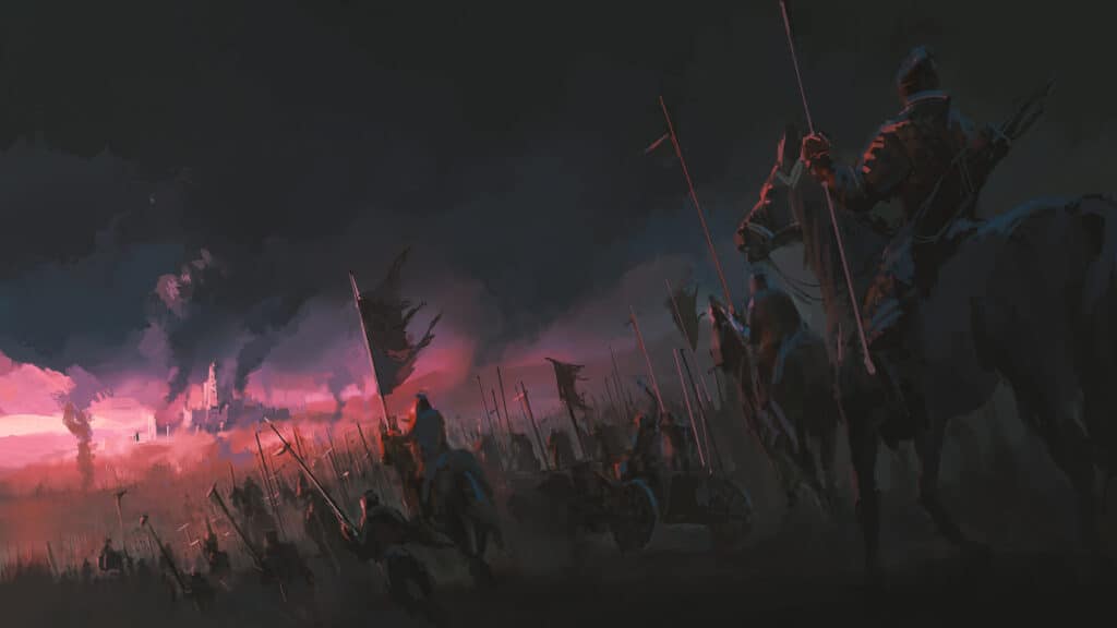 A large army of soldiers on horseback marching to battle in a city on fire in the distance.