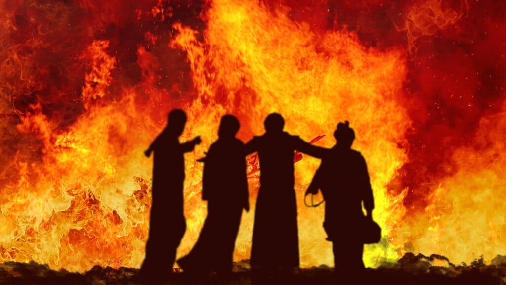Silhouette of the three Israelites in the fire with Jesus protecting them from harm and evil forces threatening them.
