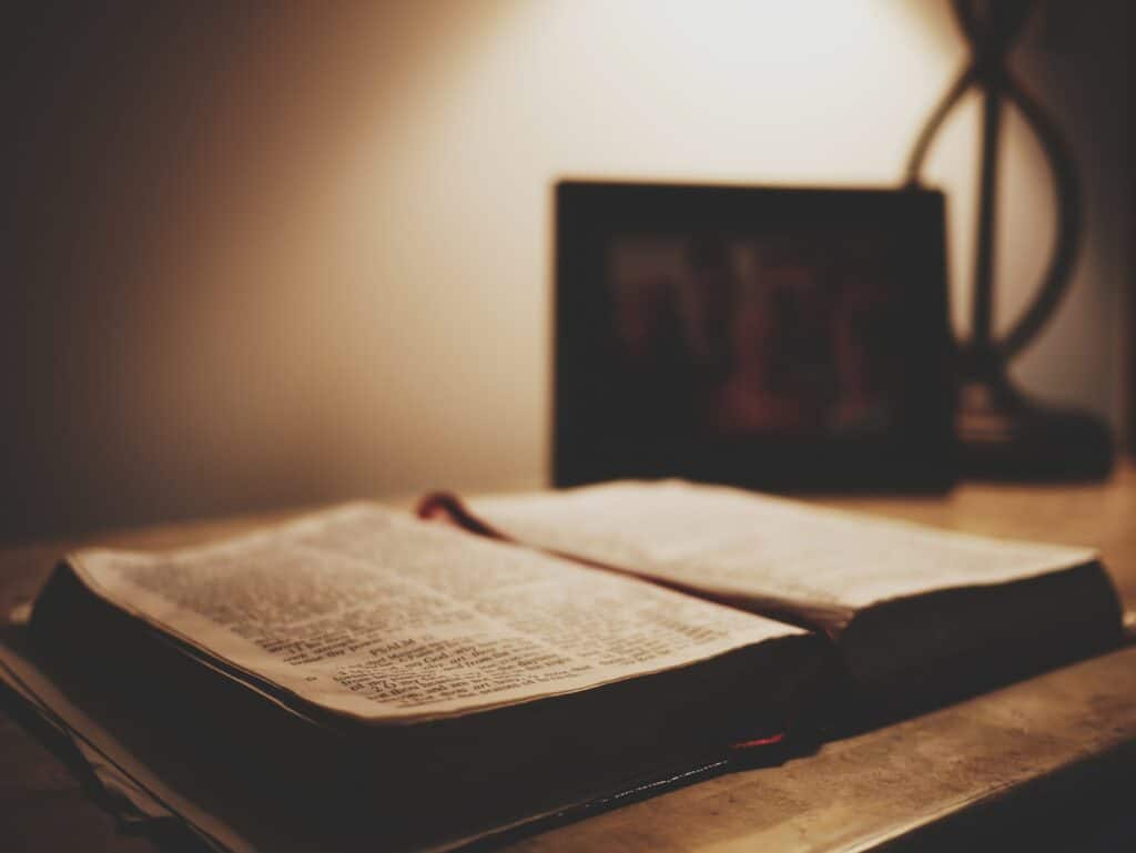 An old well used Bible open on a table from where Ellen White frequently studied.