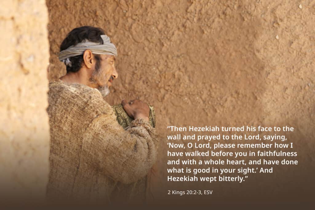 Hezekiah at the wall, prays asking God to remember him.