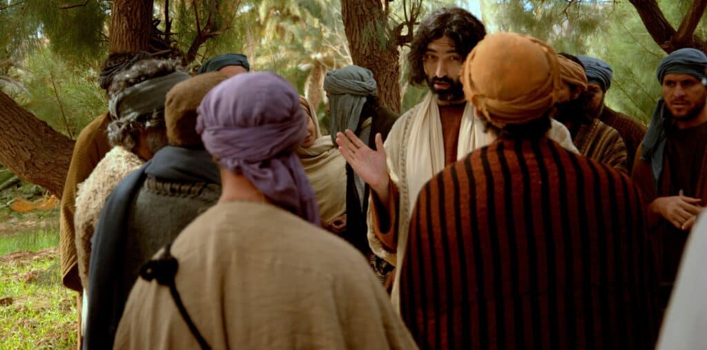 Jesus Teaching A crowd around Jesus listening to Him teach about the Holy Spirit.