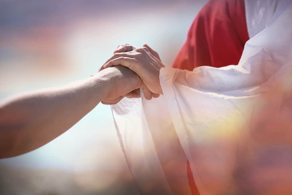 Eternal Forgiveness Jesus grasping the hand of someone at His second coming, welcoming them to eternal life after all of their sins are forgiven.