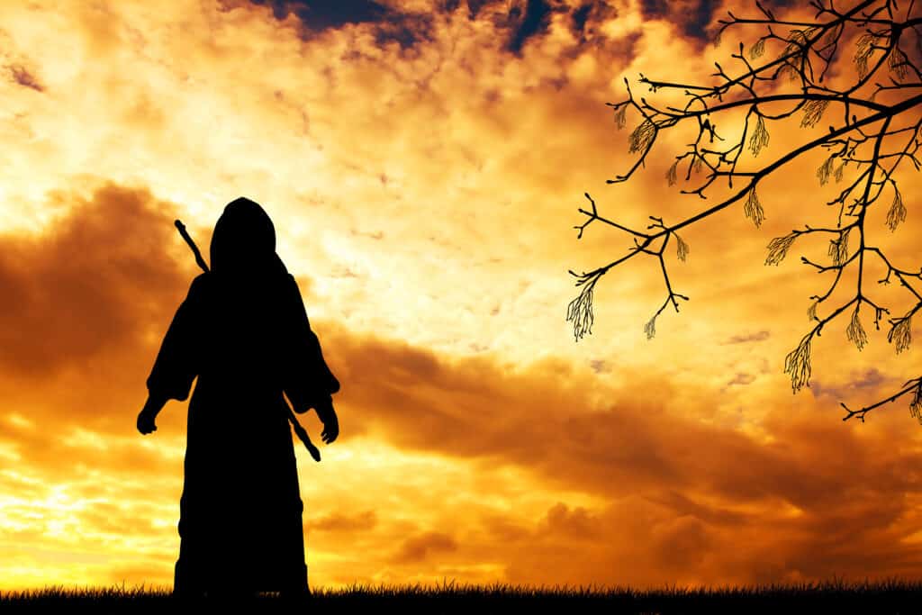 Jacob Leaving for Laban's Home Silhouette of Jacob at sunset leaving his tribe to go to his uncle Laban.