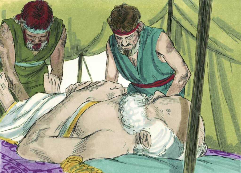 Jacob and Esau bending over their dying father to talk to him.