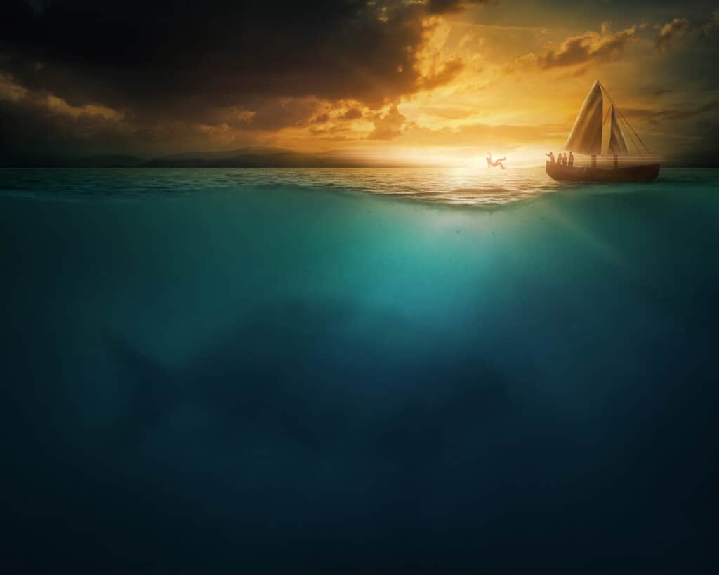 Johan Thrown Overboard Johan thrown overboard after confessing to the sailors why God sent the storm on their ship.