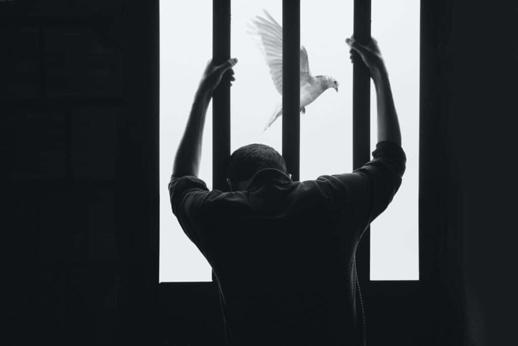 A man locked in a barred prison cell as a dove flies past, reminding us that it is never too late for forgiveness.