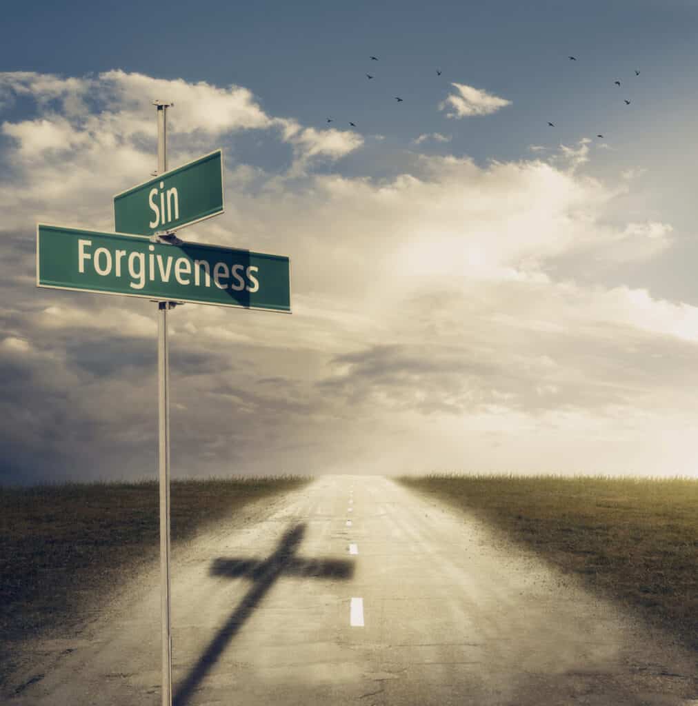 A road sign at an intersection that reads sin one way and forgiveness the other way, with the sign shadow making a cross.