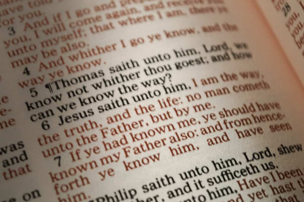 I Am the Way A close up of the Bible verse of Jesus describing His role in salvation and His relationship to the Father.