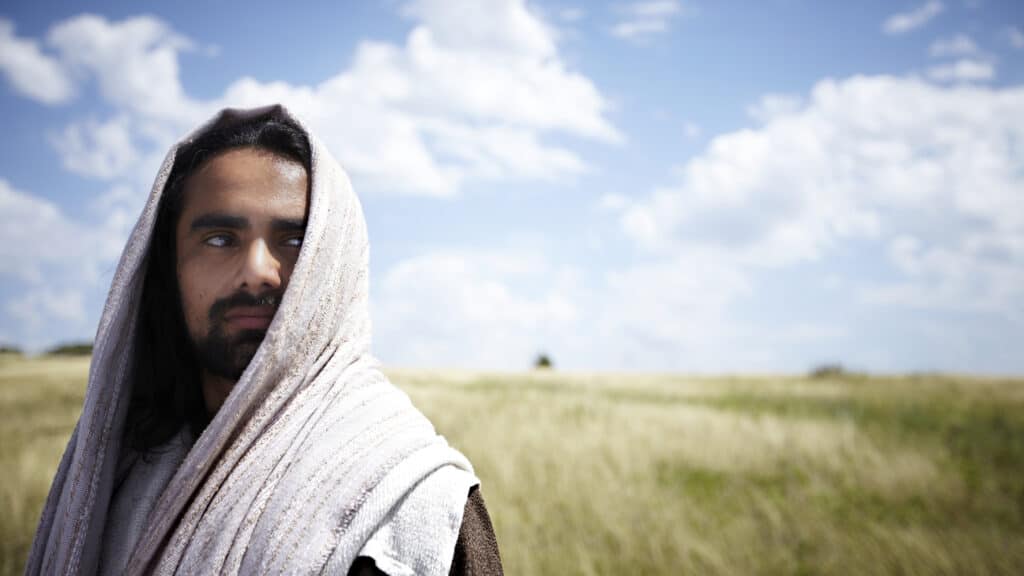 Jesus watching while standing in a wheat field