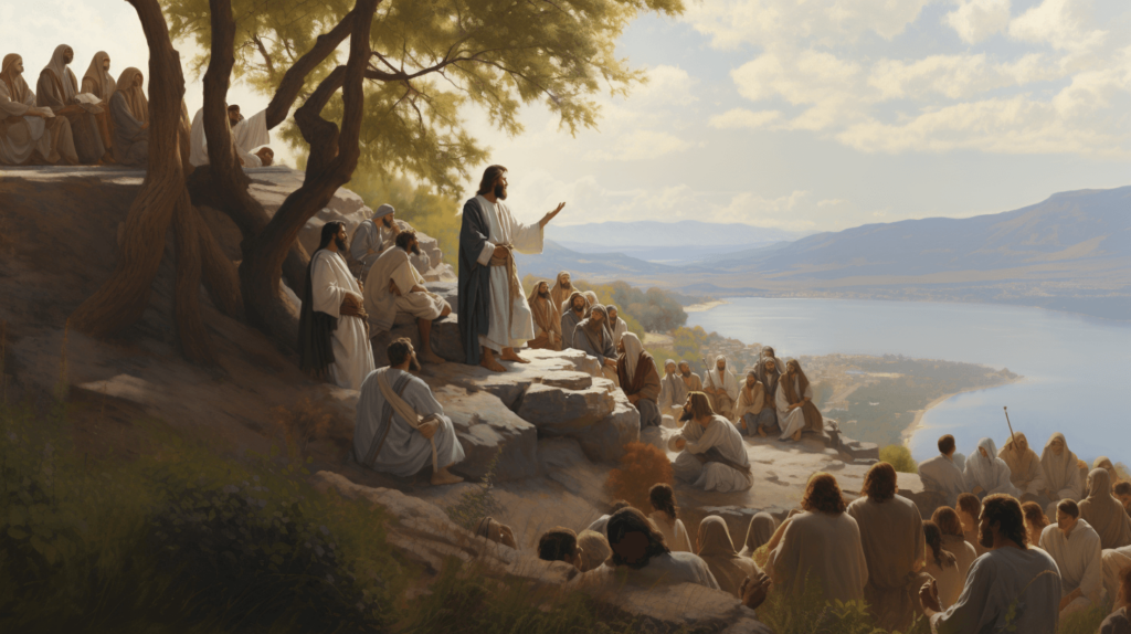 Jesus Telling Parables Jesus on a hill telling parables to a listening crowd